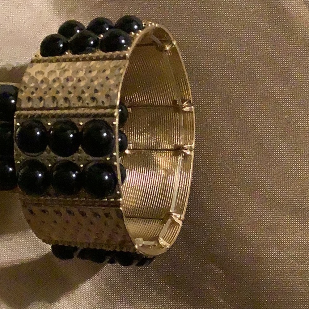 Thick Cuff Gold Bracelet With Black Beads
